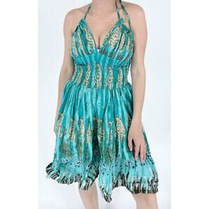 NWT Y2K Women’s Smocked Turqouse Paisley Halter Tie Dress Size Small